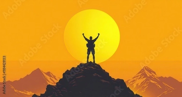 Fototapeta A man is standing on a mountain peak, with a large yellow sun in the background. Generative AI