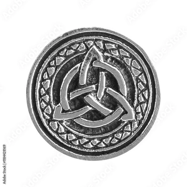 Fototapeta Silver earring featuring a Triskelion design, symbolizing Celtic heritage and the cycle of life. Perfect for showcasing spiritual, mythological, or alternative fashion. High-quality mockup for jewelry