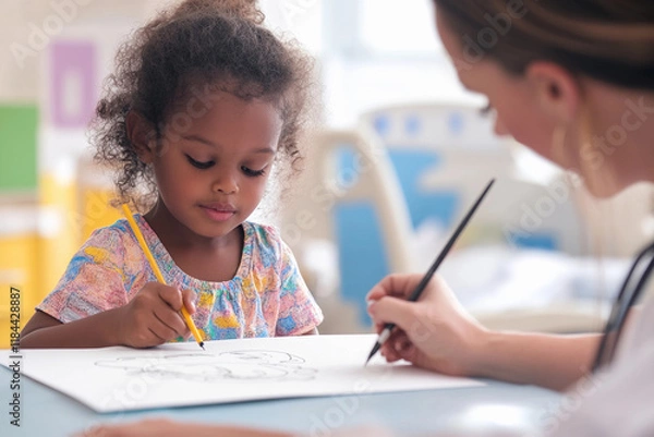 Obraz Child engaged in creative drawing activity with an instructor in a bright classroom setting during the afternoon