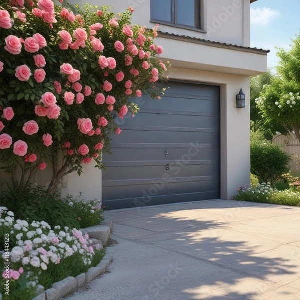 Fototapeta Automatic garage door opener with a blooming rose bush and a garden path, automatic door mechanisms, home automation, opening closing mechanism