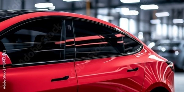 Fototapeta Side view of car window tint showcasing ceramic film that offers superior heat rejection and UV protection. This car tinting service ensures a stable color on the installed glass surface.