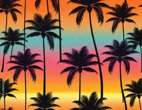 Obraz Silhouette Palm Trees at Sunset: Vibrant Tropical Summer Background, Seamless Pattern