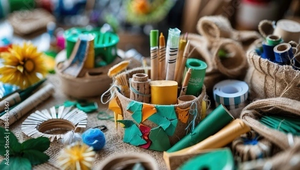Fototapeta Vibrant Crafting Supplies on Rustic Table for Creative Projects