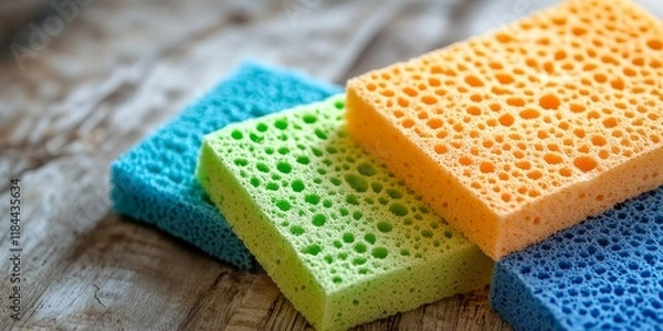 Fototapeta Vibrant green, orange, and blue dishwashing sponges arranged on a wooden table, showcasing the versatility and color of dishwashing sponges for all your cleaning needs.