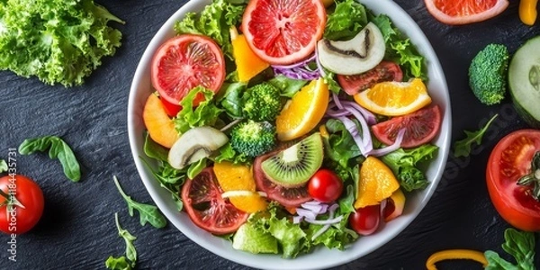 Fototapeta Diet and healthy lifestyle for weight loss through exercise is essential. Fresh fruit salad and vegetables promote a weight loss diet and contribute to a healthy lifestyle. Prioritize a balanced diet.