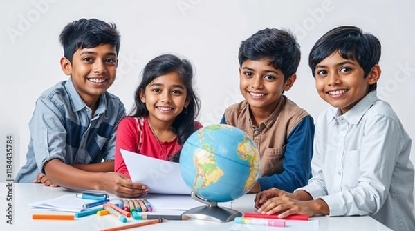 Obraz Four Indian schoolchildren with warm smiles and bright eyes engaged in a collaborative school project. A table strewn with papers, markers, and a globe.