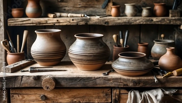 Fototapeta Rustic Workshop with Handmade Clay Pots and Pottery Tools