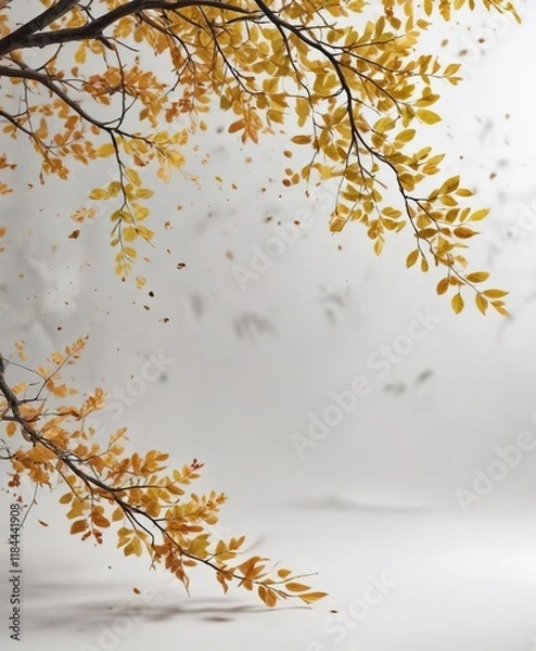 Fototapeta Falling branch with leaves on a white background with natural elements and abstract focus, Natural Elements, Texture, Background Focus