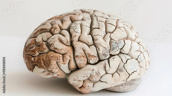 Fototapeta Aging human brain model with subtle cracks and fading colors, symbolizing cognitive decline and mental health. Concept of aging, neuroscience, and mental wellness.