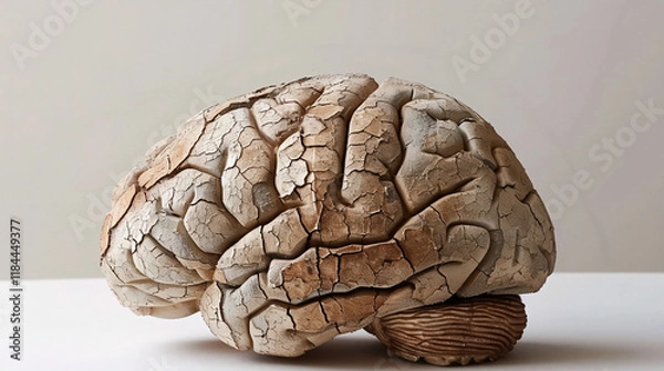 Fototapeta Aging human brain model with subtle cracks and fading colors, symbolizing cognitive decline and mental health. Concept of aging, neuroscience, and mental wellness.
