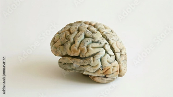Fototapeta Aging human brain model with subtle cracks and fading colors, symbolizing cognitive decline and mental health. Concept of aging, neuroscience, and mental wellness.