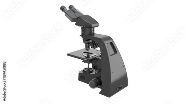 Fototapeta A professional microscope, used as a essential tool in science, pharmaceuticals, and microbiology. Black design. Isolated. Transparent background. PNG. 3d illustration