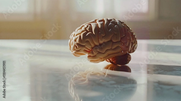 Fototapeta Aging human brain model with subtle cracks and fading colors, symbolizing cognitive decline and mental health. Concept of aging, neuroscience, and mental wellness.