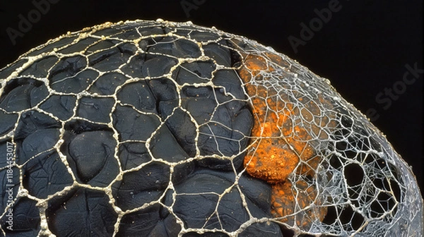 Obraz Aging human brain model with subtle cracks and fading colors, symbolizing cognitive decline and mental health. Concept of aging, neuroscience, and mental wellness.