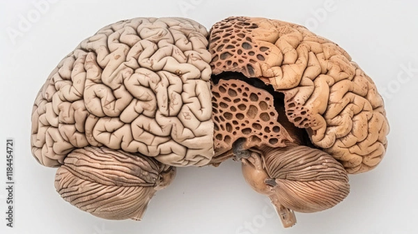 Fototapeta Aging human brain model with subtle cracks and fading colors, symbolizing cognitive decline and mental health. Concept of aging, neuroscience, and mental wellness.