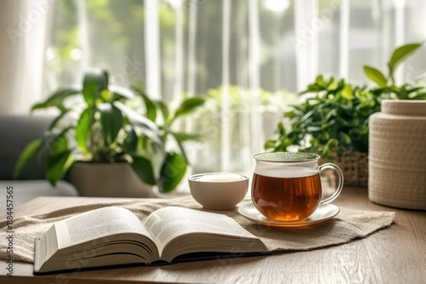Fototapeta Serene indoor space featuring tea, a book, and green plants in natural light