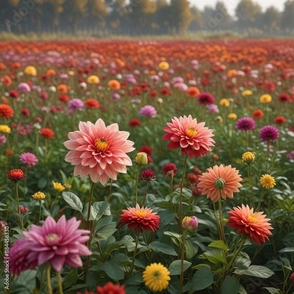 Fototapeta Autumn field with bicolor dahlia flowers in the foreground, flower, nature