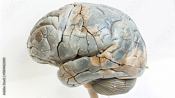 Fototapeta Aging human brain model with subtle cracks and fading colors, symbolizing cognitive decline and mental health. Concept of aging, neuroscience, and mental wellness.