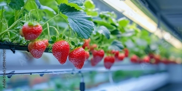 Obraz Closeup of strawberries growing in a hydroponic system, showcasing the vibrant colors and details of strawberry plants in a hydroponic environment, highlighting the beauty of hydroponic strawberry