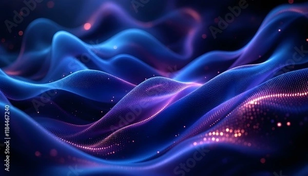 Fototapeta Digital waveforms in blue and purple, abstract background. Abstract digital background with flowing waves in vibrant blue and purple hues.  Radiant lighting, flowing motion, deep textures
