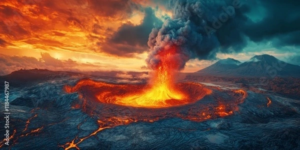 Fototapeta Volcano eruption captured in a dramatic scene, showcasing a smoking crater and an erupting volcano in a vibrant landscape. Witness the power and beauty of the volcano eruption in this stunning image.