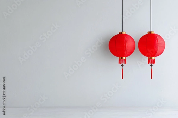 Obraz Red lanterns hanging against minimalist white background create vibrant contrast, evoking sense of celebration and cultural significance