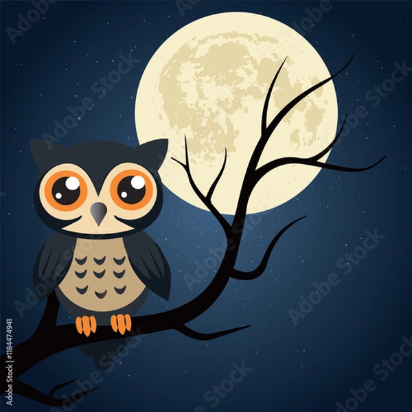 Fototapeta Owl bird on tree branch, dark and bright full moon. vector illustration ,all layers are single for any coustomization , Eps 10
