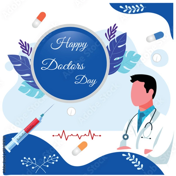 Fototapeta Doctors day with background. Medical health care banner design with doctor, stethoscope ,capsule,injection vector illustration
