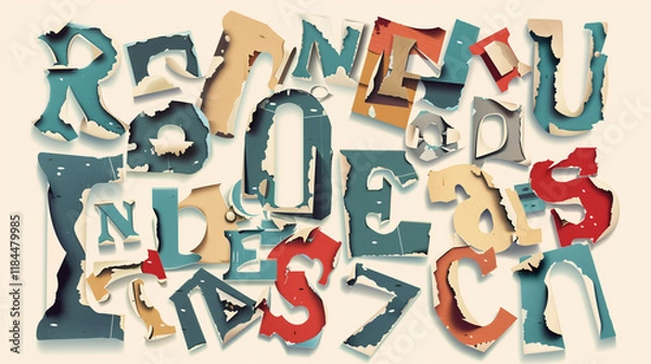 Fototapeta Ransom collage Vintage Old Paper Cut Out Color Letters and Numbers. Alphabet Ransom note collage vector trendy paper style blackmail ransom kidnapper criminal anonymous or detective scrap font