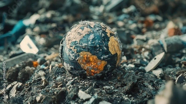 Fototapeta Damaged Earth Globe Amidst a Pile of Rubble and Waste