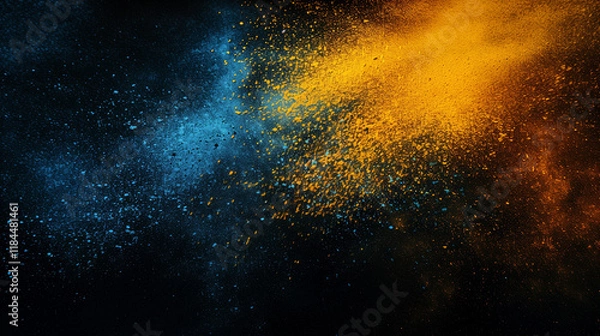Fototapeta Vibrant grainy background, abstract yellow blue orange color gradient shape, black backdrop noise texture dark banner header poster design, copy space 