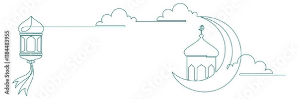 Fototapeta Ramadan Kareem one continuous line, mosque vector illustration 1