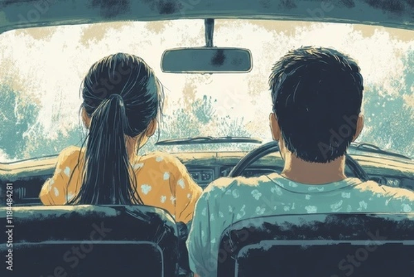 Obraz Illustration of a father teaching his teenage daughter valuable life lessons while sitting in a car together during an insightful journey of growth and connection