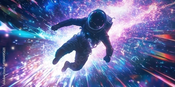 Fototapeta art of a astronaut floating on space with colorful shiny light trails in speed