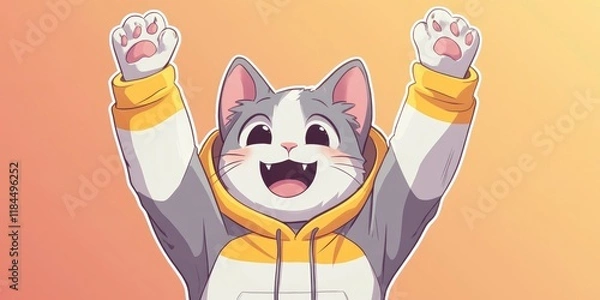 Fototapeta cute cat in a yellow and white hoodie, with a big smile and hands raised on yellow background