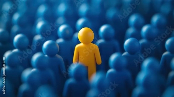 Obraz Yellow figure stands out among blue crowd. Business concept. HR strategy. Finding right people. Organizational psychology. Distinct person. Potential employee. Diversity. Inclusion. Leadership.