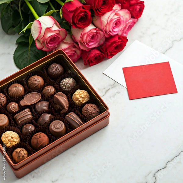 Fototapeta rose and chocolate in a table romantic setup for rose and chocolate day. A chocolate box with truffles, bouquet of red roses on a marble surface, St Valentines day, romantic present.
