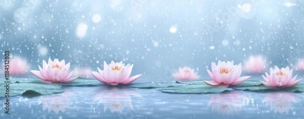 Fototapeta A beautiful image of a pond with several pink flowers floating on the water