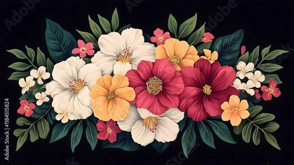 Fototapeta Vibrant Floral Arrangement Featuring Colorful Blossoms and Lush Greenery Against a Dark Background, Perfect for Nature-Inspired Designs and Art Projects