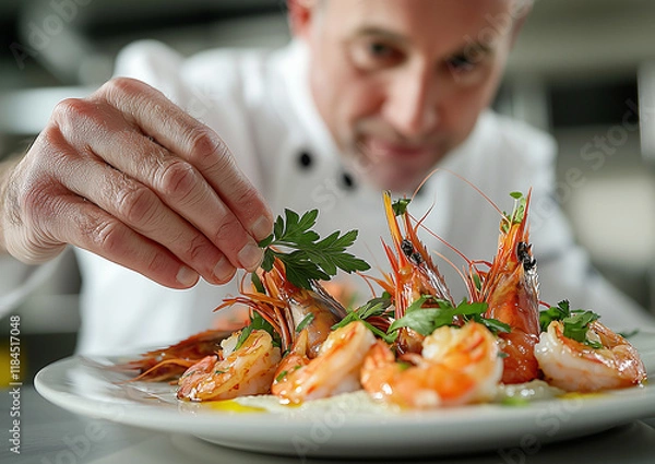 Obraz chef preparing shrimp cuisine