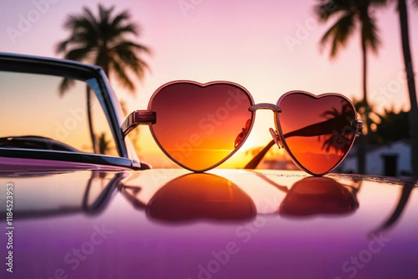 Fototapeta Retro Heart Sunglasses in Pink Sunset Vibes with Palm Trees Silhouette with Copy Space