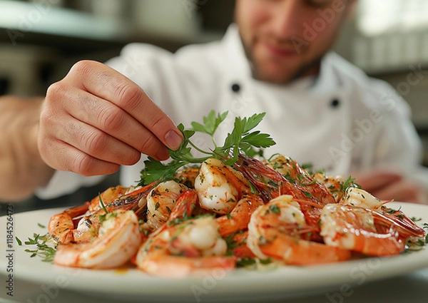 Obraz chef with a plate of prawns