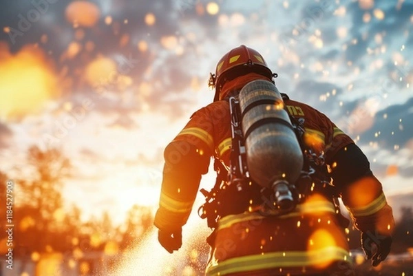 Fototapeta A firefighter team responding to an emergency, running with hoses and equipment towards a smoky building
