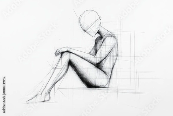 Fototapeta A minimalist depiction of a person sitting alone with a slouched posture, represented by simple black lines and a shadowed backdrop