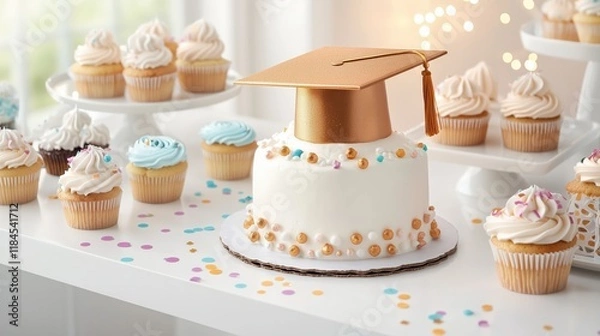 Fototapeta A graduation-themed dessert table with a cake shaped like a graduation cap, surrounded by colorful treats and confetti.