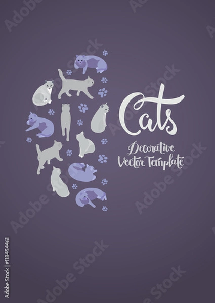 Fototapeta Vector decorating design with the cats. Colorful card template with copy space