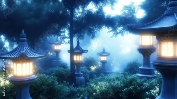 Fototapeta Mystical glowing lanterns in a fog-shrouded garden