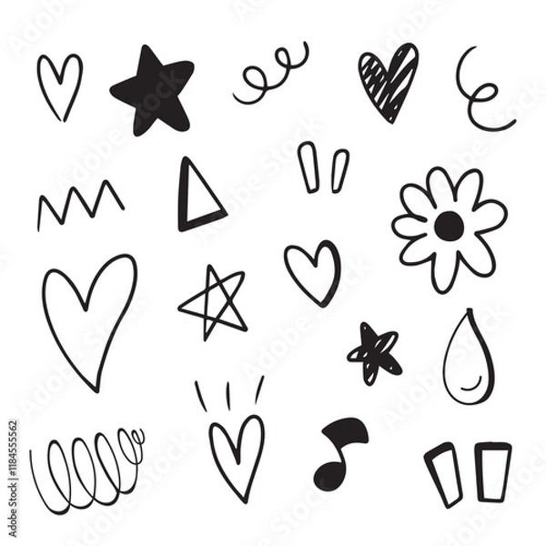 Fototapeta Doodle hand drawn with black line. Element of star, heart, roll and music.