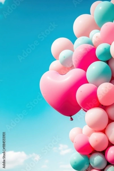 Fototapeta Whimsical pastel balloon heart floats in clear blue sky inviting joy and celebration