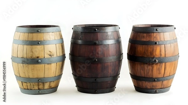 Obraz Wooden barrels, whiskey casks, oak barrels, different wood tones, rustic, vintage, cylindrical shapes, metal bands, brewery, winery, distillery, artisanal craftsmanship, photorealistic, studio 